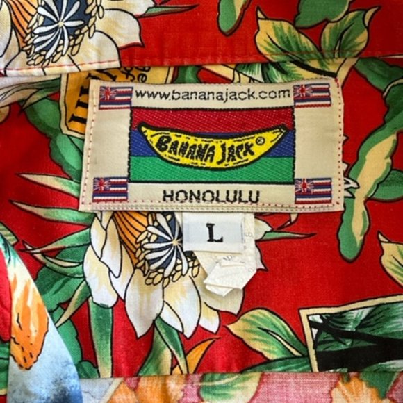 Vtg Banana Jack Honolulu Hawaiian Shirt Mens Large Floral All Over Print S/S Red - Picture 5 of 6